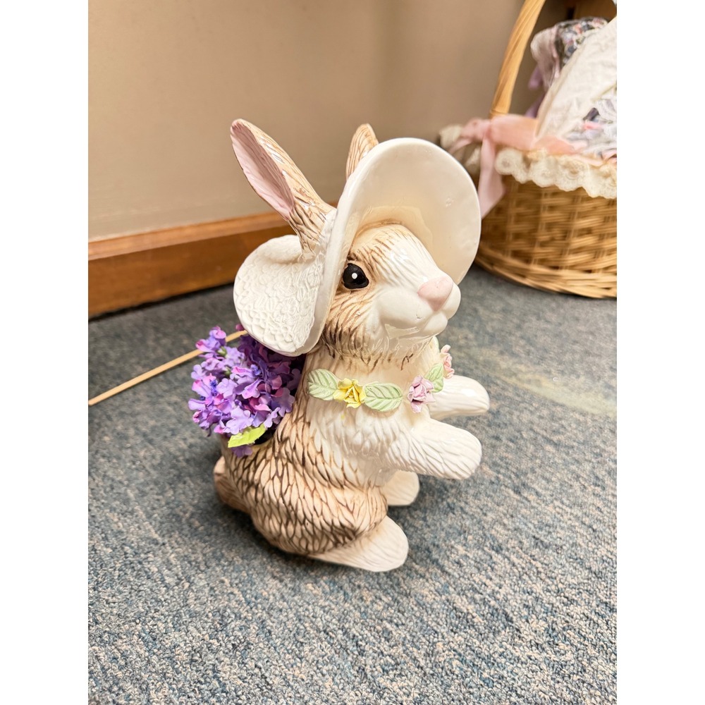 Vintage Ceramic Easter Bunny Figurine Sun Hat Floral Basket Rabbit Decor